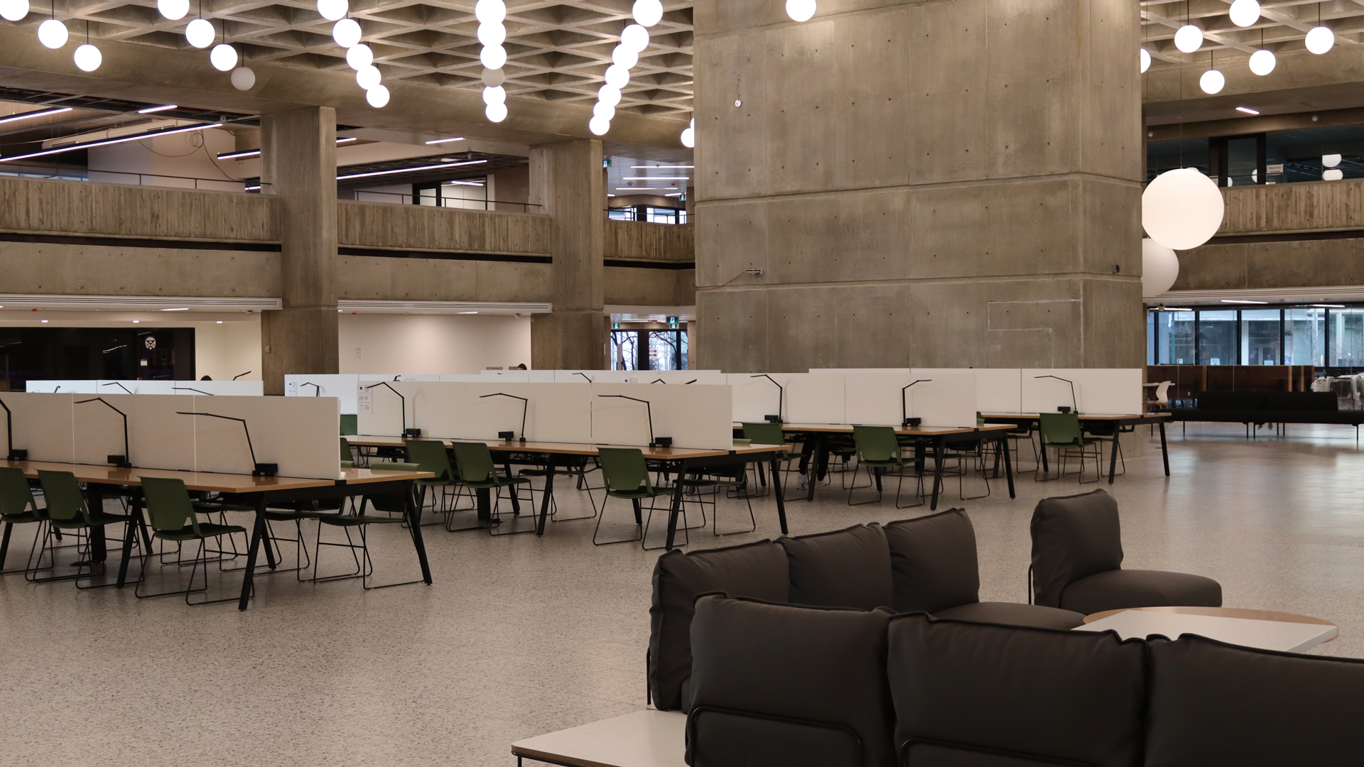 The Weldon Library main floor study carrels with seating on both sides of long tables divided down centre by a privacy screen.