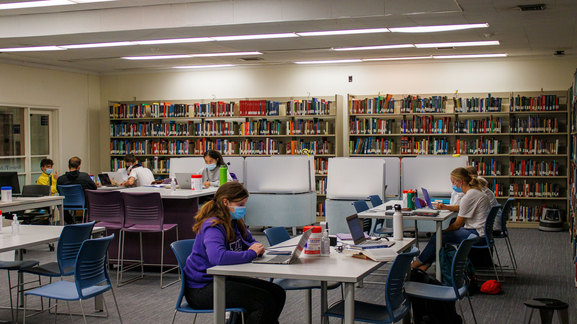 The Music Library’s open study room with people using the group and individual study tables.