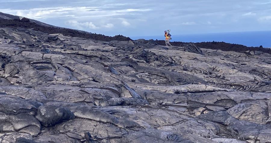 Sashank Vanga wearing a backpack in Hawai‘i Volcanoes National Park