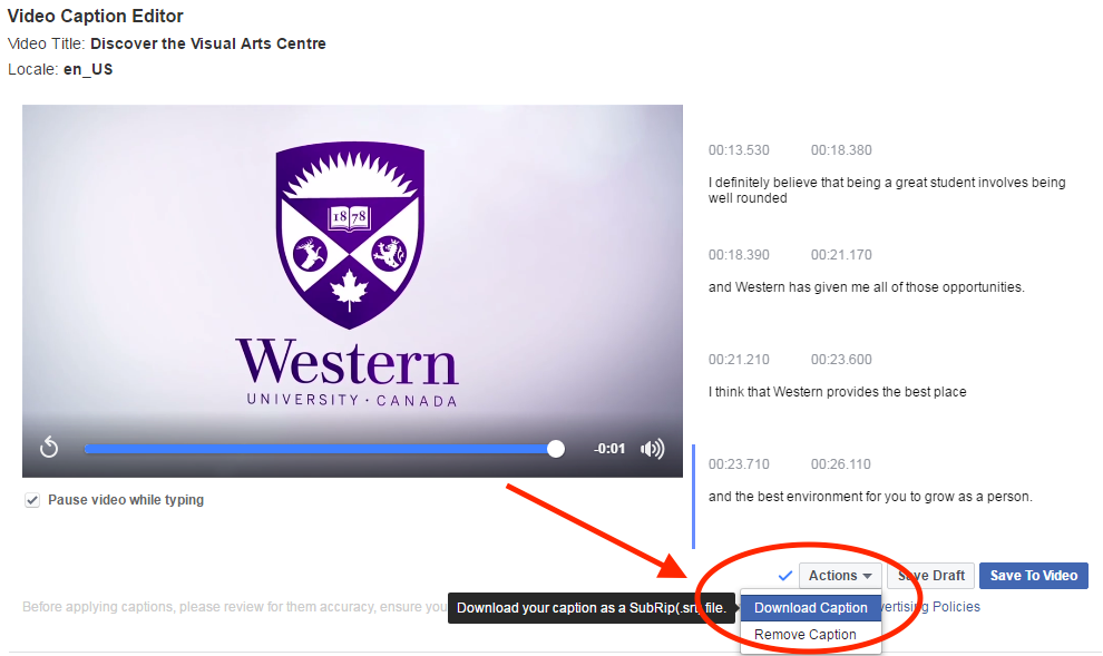 Download your SRT closed caption file by clicking the Actions button and then Download SRT.